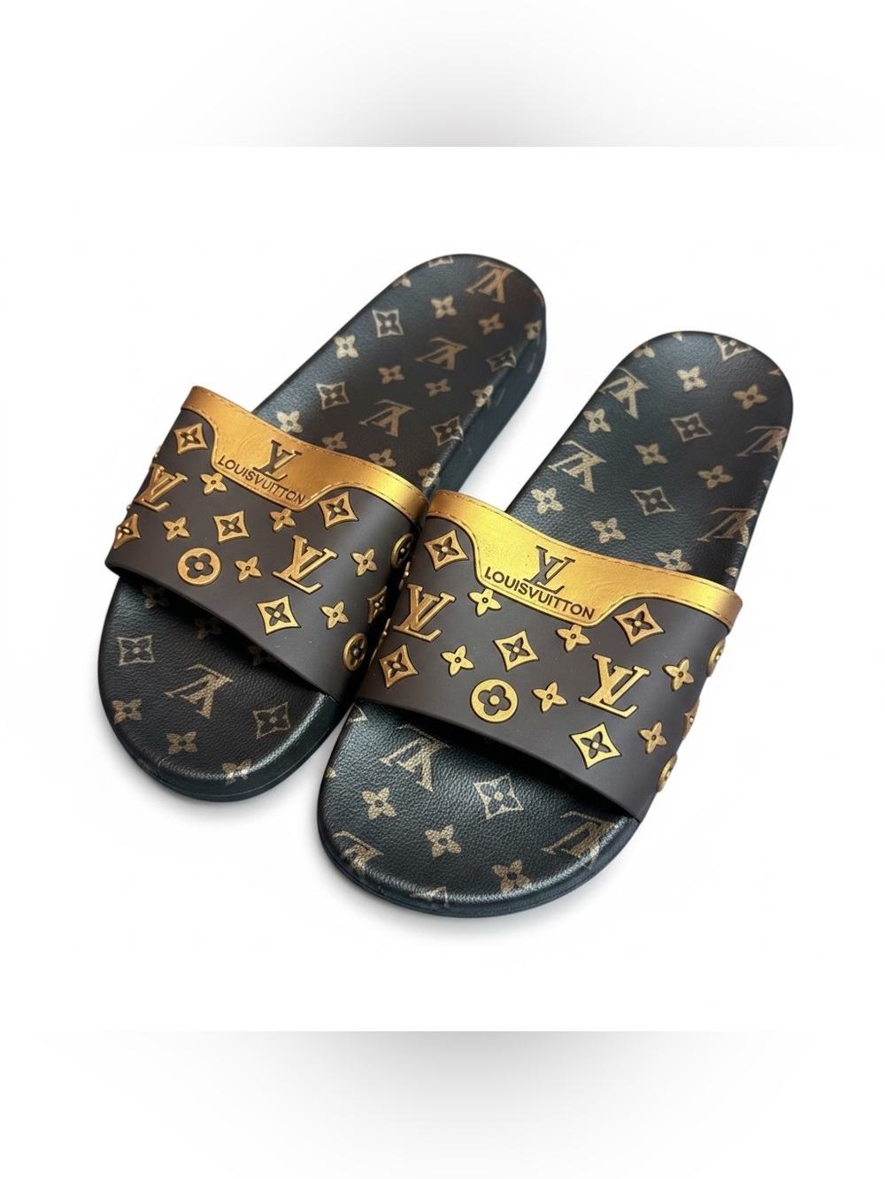 Designer, L v monogram brown and gold pool slide sandals size 45 new